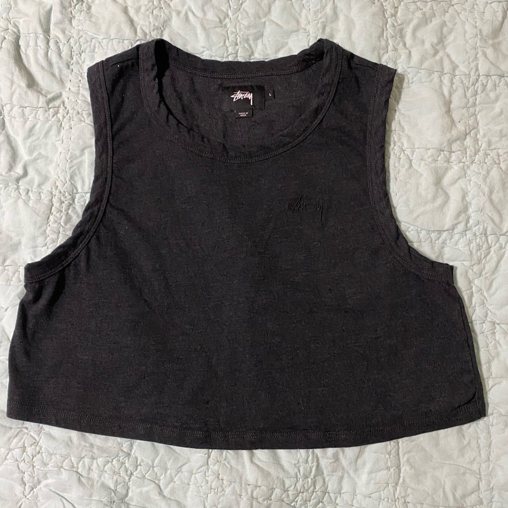 Stussy Basic Logo Black Oversized Crop Tank Tee Shirt Women's Streetwear